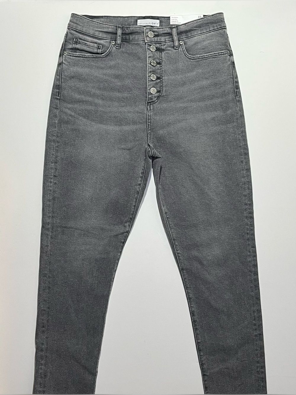 NEW Loft The Skinny High Rise Button Fly Stretch Jeans, Size 30 Regular, Gray